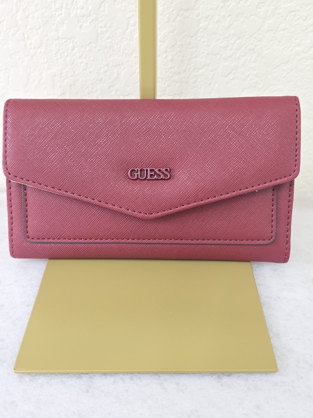 Guess Trifold Wallet Burgundy Saffiano Leather Envelope Style